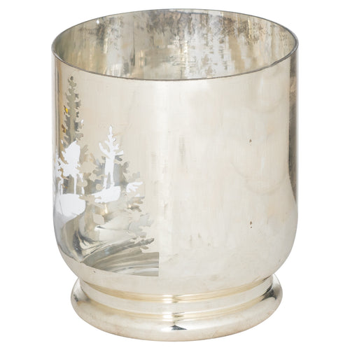 A silver metal medium candle holder with a tree motif design, part of The Noel Collection.