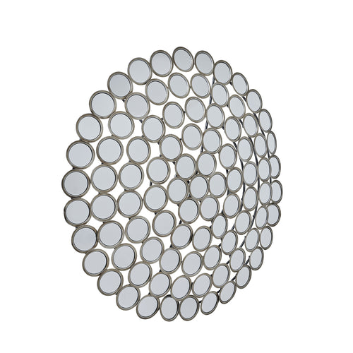 A large round convex antiqued silver multi-mirror with multiple reflective segments arranged in a circular pattern.