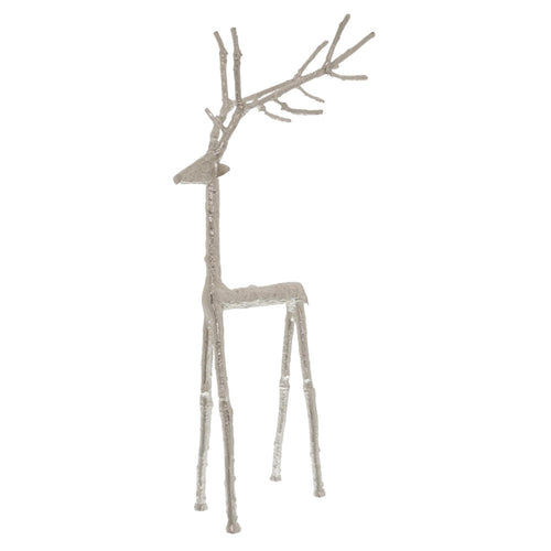 A silver metal stag ornament with a reflective finish, standing upright with a detailed silhouette.