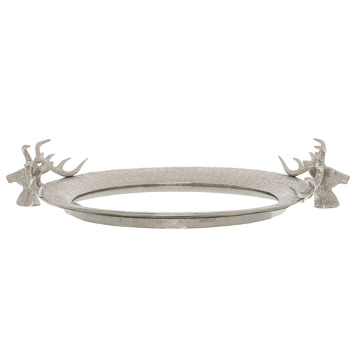 A large mirrored tray with a silver finish and stag head handles on the corners, displayed against a white background.