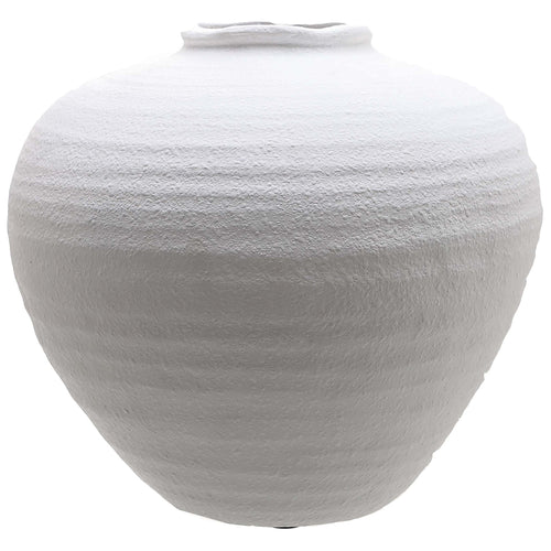 A matt white ceramic vase with a spherical shape and smooth finish.