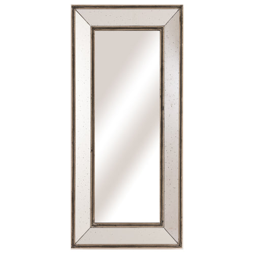 A rectangular wall mirror with bronze detailing around the frame.