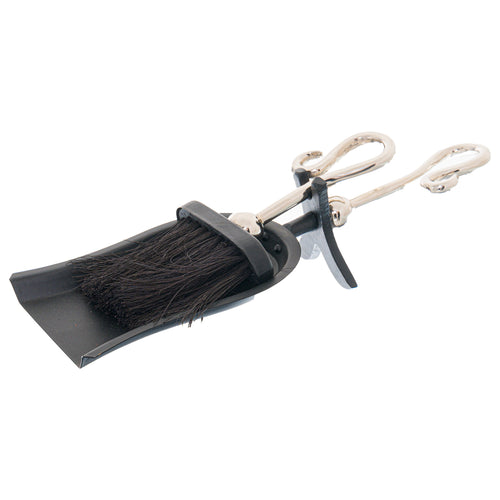 A chrome crook handled hearth tidy with a black brush and silver metal frame.