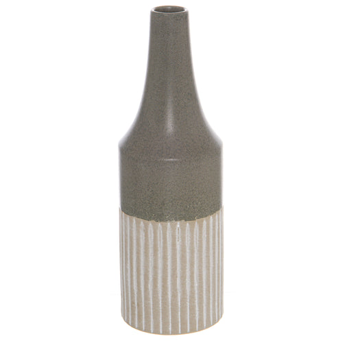 A grey ceramic convex vase with a striped pattern towards the bottom and a matte finish. It has a narrow neck and a flared mouth.