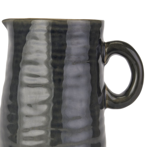 Ceramic mug with ribbed texture and handle on a white background