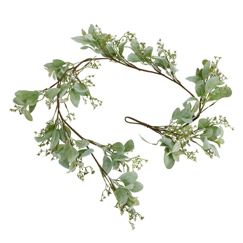 A garland featuring grey lamb's ear foliage and small wax flowers, arranged delicately for a decorative purpose.