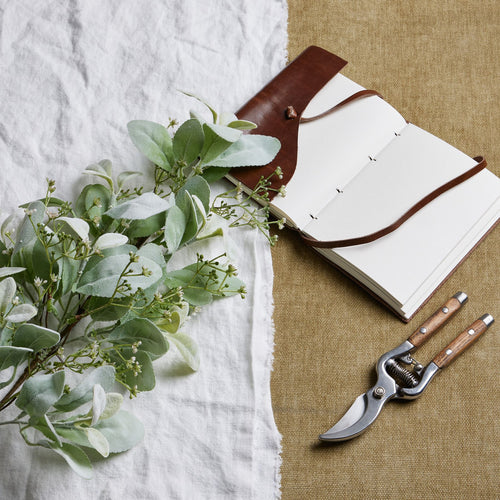 A large winter sprig with lambs ear and wax flower placed next to a leather-bound book and gardening shears on a textured background.