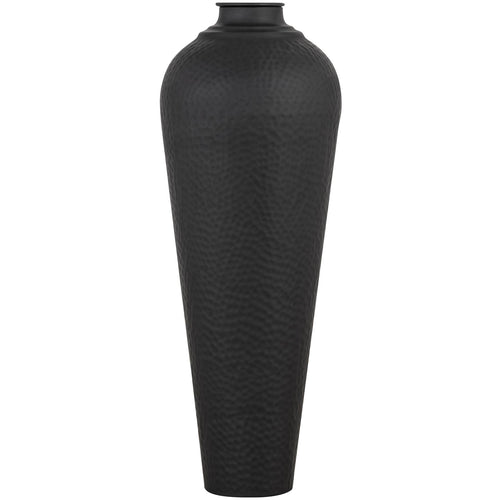 A matte black, medium-sized, hammered steel vase without a lid, displayed against a plain background.