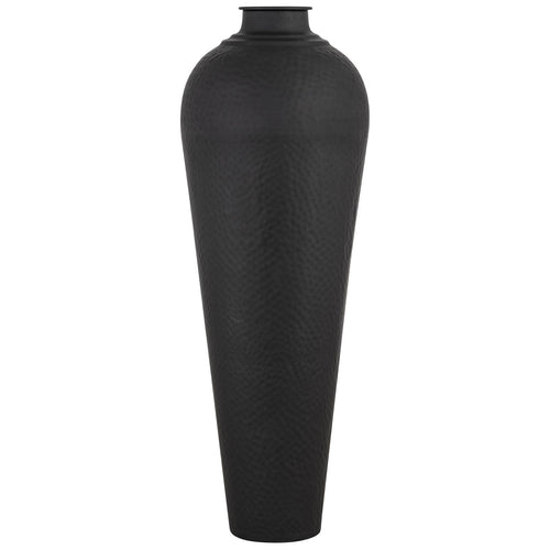 A tall, slender, matte black vase with a hammered texture and a removable lid.