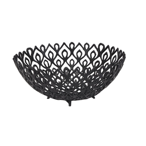 A matt black aluminum bowl with intricate perforated patterns, designed in a contemporary lattice style.