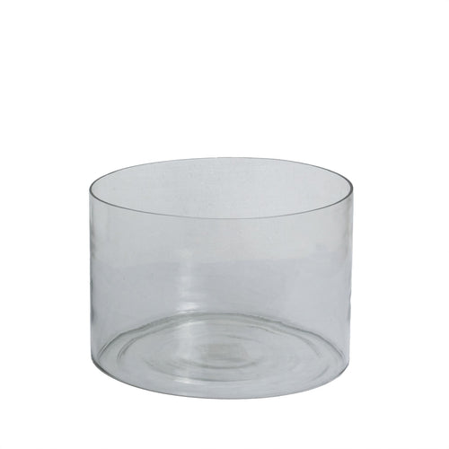 A small clear glass cylinder vase with a sleek design.