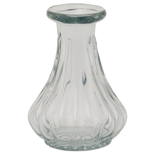 A clear glass medium-sized bud vase with a ribbed texture and a wider base that narrows towards the top.