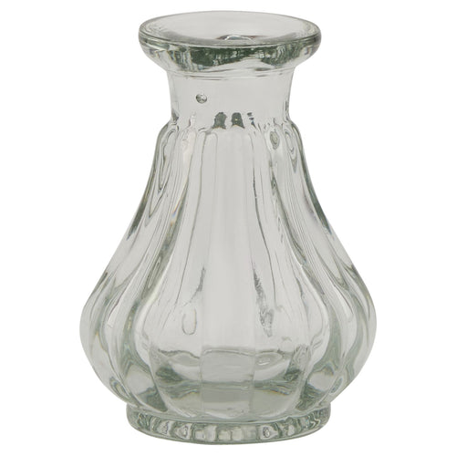 A small cylindrical clear glass bud vase with a ribbed texture.