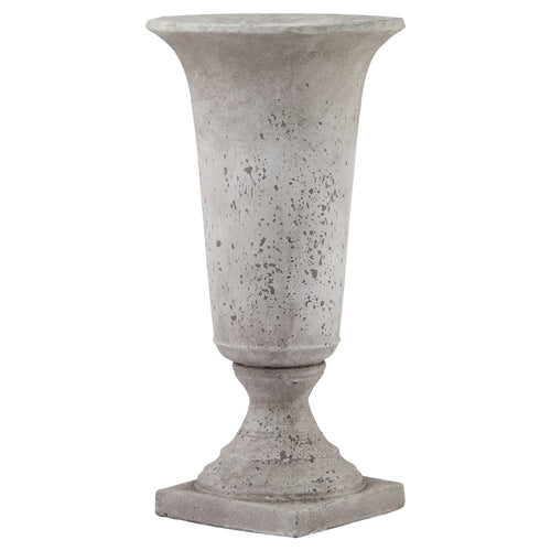 A gray stone effect urn planter with a flared top and square base, designed for faux flowers.