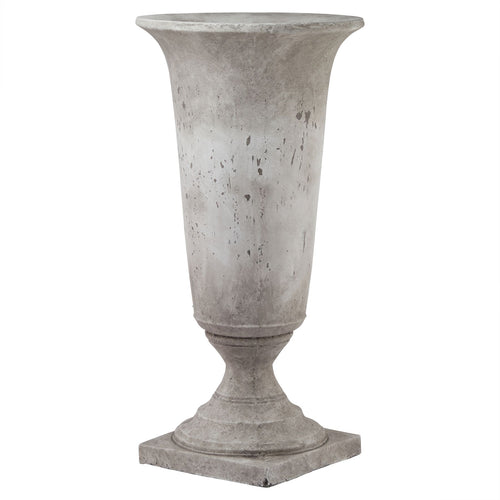 A tall, stone effect urn planter designed for faux flowers with a sculptural and sleek appearance.