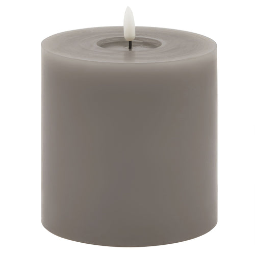 A cylindrical grey LED wax candle with a melt-effect texture and a warm white LED flame.