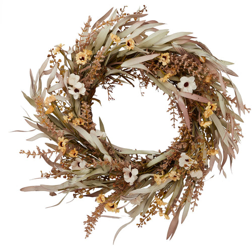 A round floral wreath with a mix of beige, brown, and white colors, likely made of faux or artificial materials, designed for home decor.