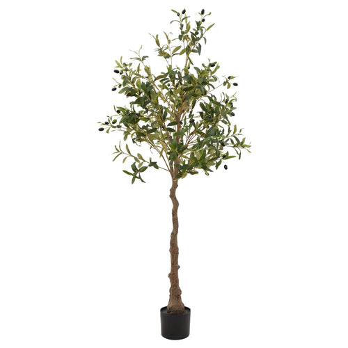 An artificial olive tree with a textured trunk and lifelike foliage, displayed in a black pot.