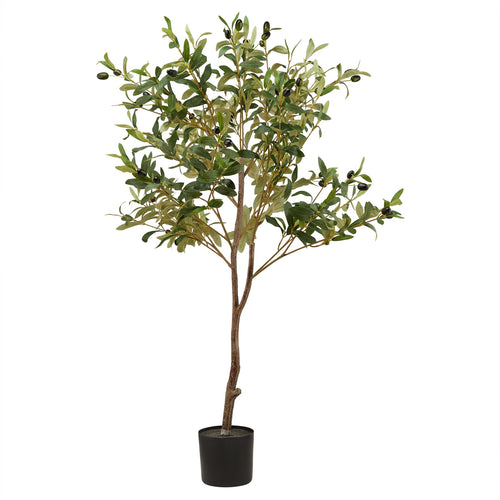 A detailed faux olive tree with a textured trunk and lifelike foliage, potted in a black container.