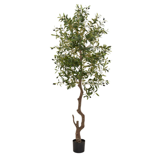 A large artificial olive tree with detailed foliage and a textured trunk in a black pot.