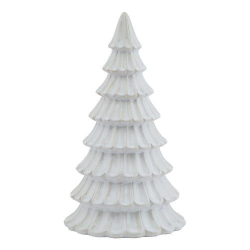 A white ceramic sculpture of a fir tree with a tiered, geometric design.