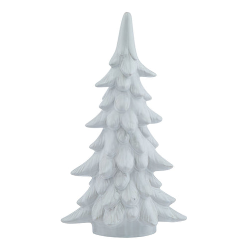 A artificial snowy fir tree decoration item for seasonal displays.