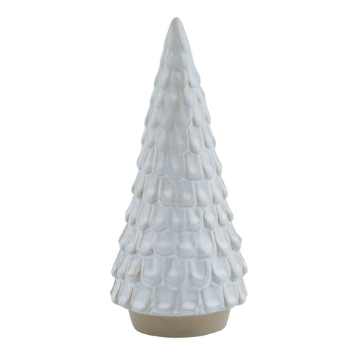 A white ceramic decoration in the shape of a spruce tree with a snowy texture.