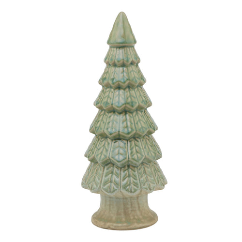 A matte finish ceramic fir tree sculpture in light green color with a stable integrated base.