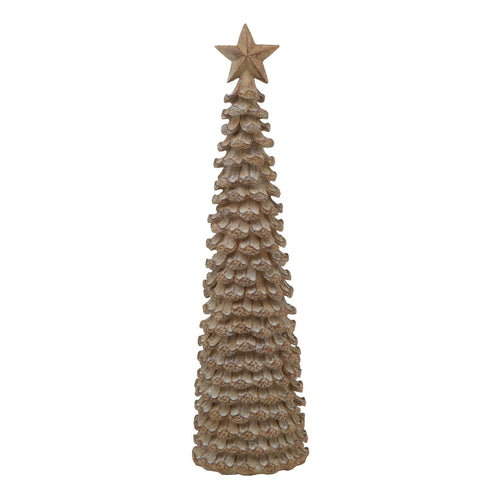 A beige finish cedar tree sculpture with a star on top, used as a decorative item for home décor.