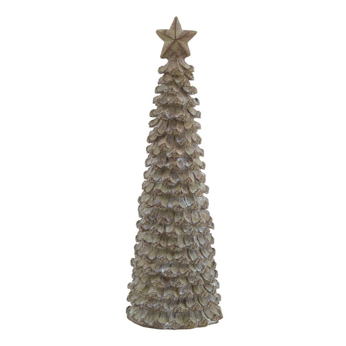 A medium beige cedar tree with a star on top, used as a decorative holiday centerpiece.