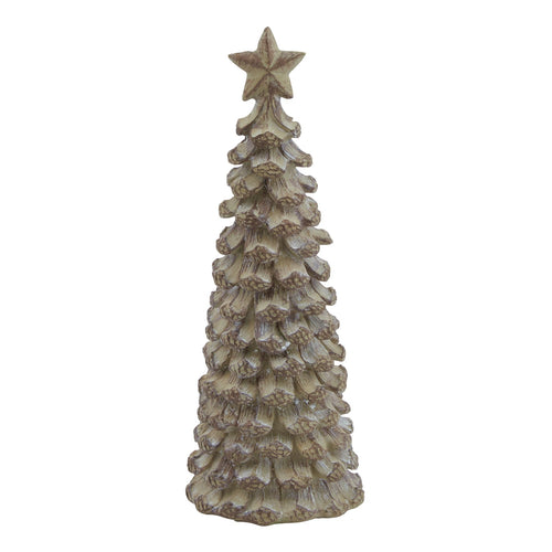 A small beige cedar tree with a star on top, suitable as a decorative item for seasonal displays.