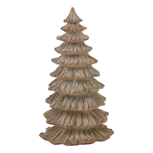 A beige pine tree sculpture with layered branches, suitable as a decorative item for seasonal displays.