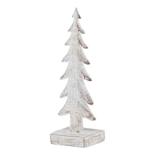 A detailed sculpture of a snow-covered tree with a rustic wooden base, predominantly in gray and white tones.