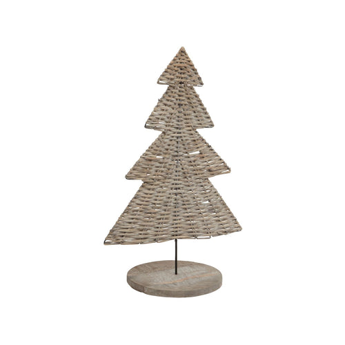 A beige wicker tree ornament with a rustic design, placed against a white background.