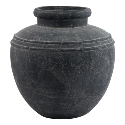 A matte grey finish, large ceramic water pot with a rustic design, generously proportioned form, and a weathered appearance.