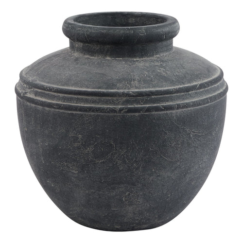 A weathered grey ceramic water pot with ribbed detailing and a wide neck.