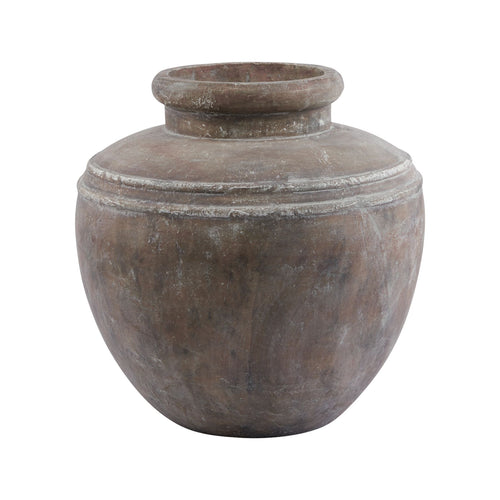 A large brown ceramic water pot with a wide mouth and textured surface, with a traditional crafting technique.