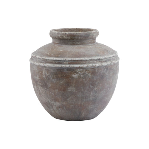 A classic urn-like silhouette brown water pot with a distressed glaze finish.
