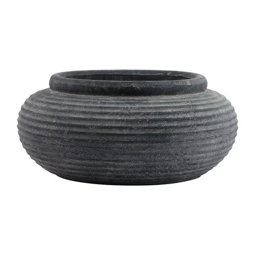 A grey round ribbed planter with horizontal texture patterns, suitable for indoor or outdoor use.
