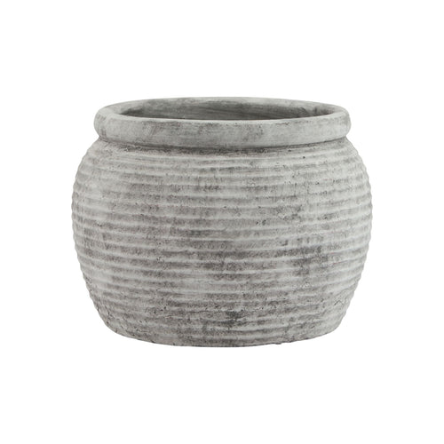 A gray ceramic rimmed plant pot with a textured finish.