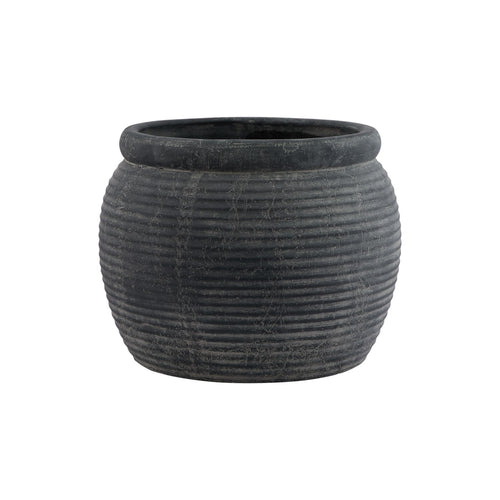 A round grey rimmed plant pot with a matte finish.
