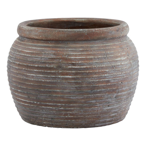 A brown ceramic plant pot with a rim, showcasing a textured finish.