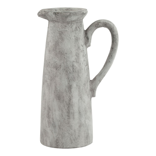 A tall, gray ceramic jug with a handle and spout, against a white background.
