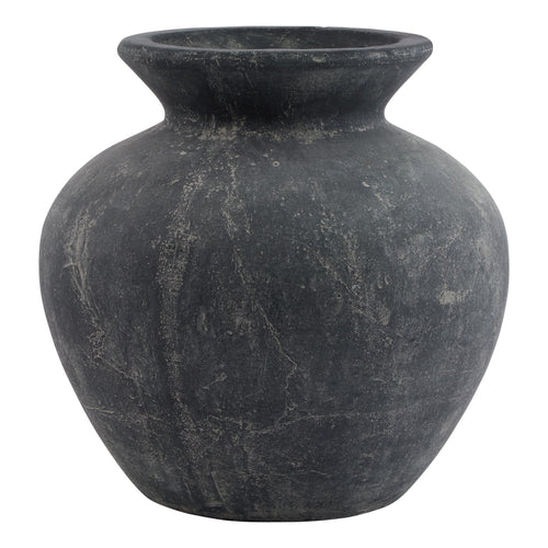 A grey ceramic vase with a matte finish, featuring a rounded shape with a wider top and narrow base, intended for artificial plant displays.