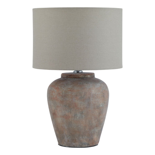 A Siena brown table lamp with a linen shade, displaying a textured base and a cylindrical shade in a neutral color.