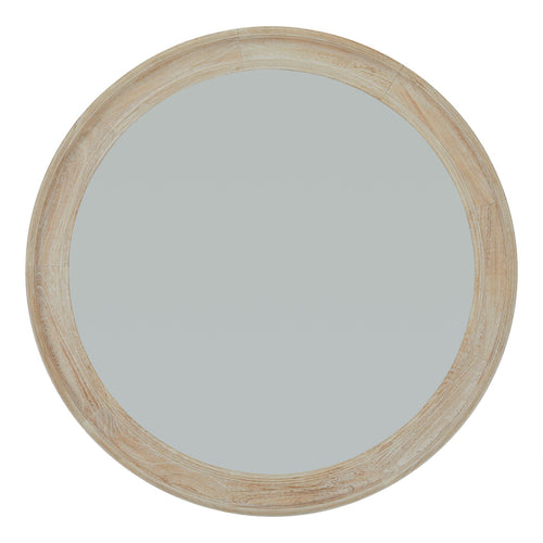 A large circular mirror with a washed wood, weathered frame.