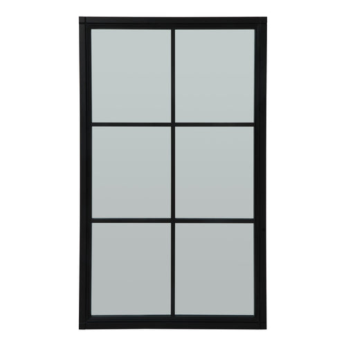 A large rectangular window-style mirror with a matte black wooden frame divided into multiple sections by grid patterns.