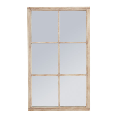 A large rectangular window-style mirror with a rustic weathered wood frame.