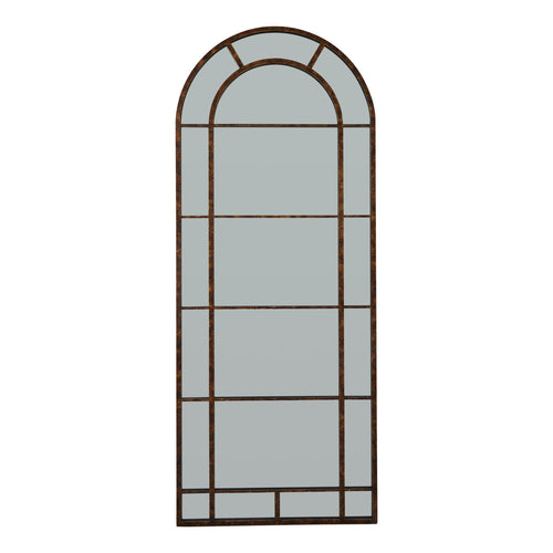 A large arched window mirror with a metal frame and a rust effect finish.