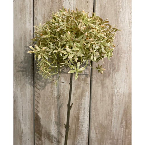 A faux floral stem with a spherical umbel of delicate star-shaped florets in a beige color, displayed against a wooden background.